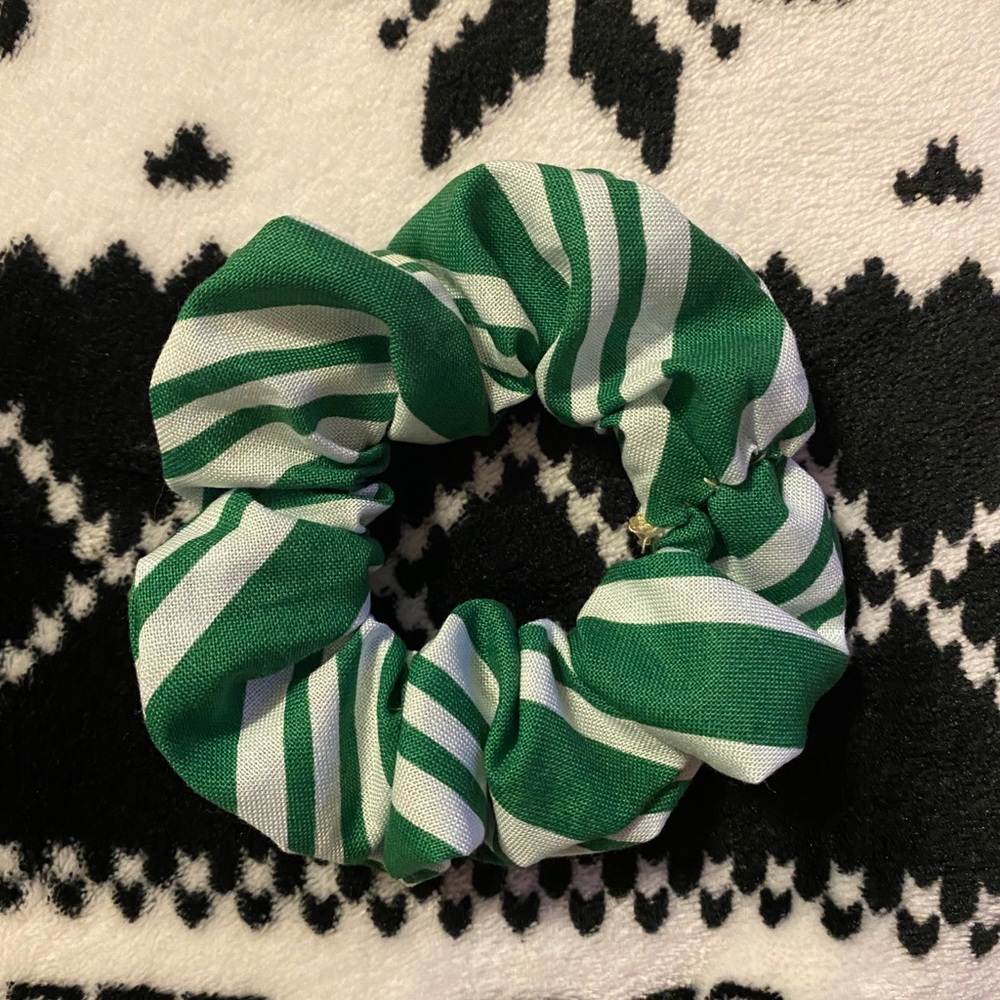 Handmade green candy stripes scrunchie